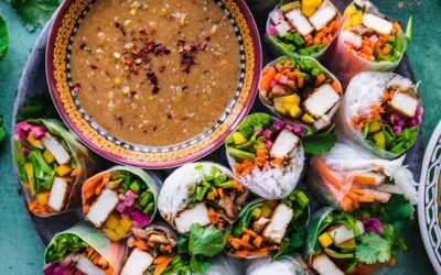 Rainbow Veggie Summer Rolls & Tahini Orange Dipping Sauce